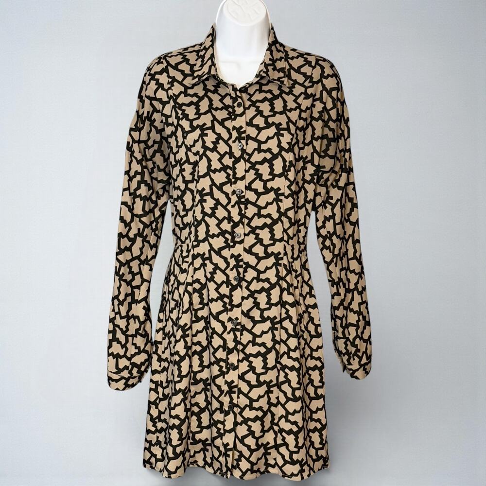 Reformed Shirtdress Medium Roll Tab Sleeves Button Front Pockets Black Tan Geo
